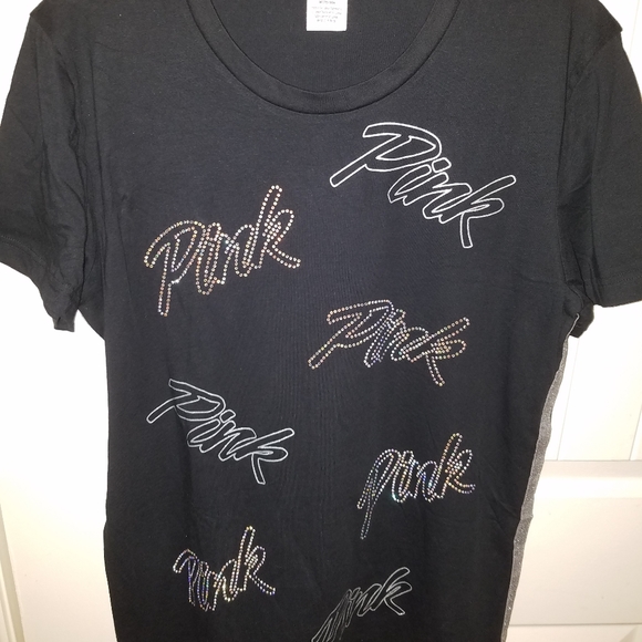 VICTORIAS SECRET PINK black bling logo campus tee - Picture 2 of 7